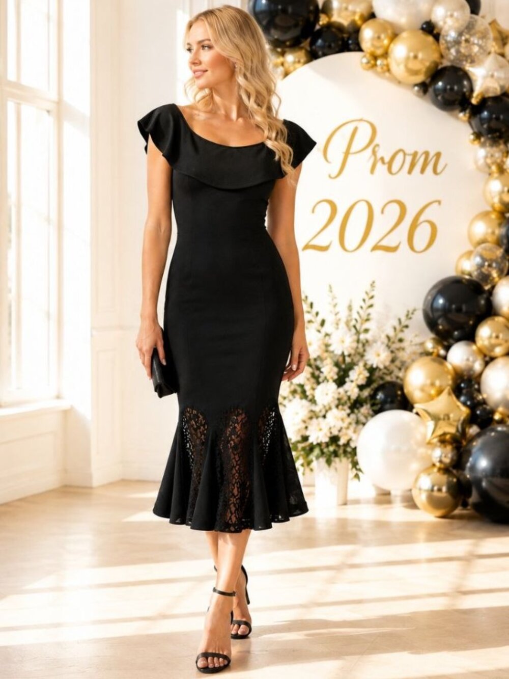AX Paris Black Mermaid Prom Dress Lace Hem Off Shoulder Party Dress Size 12